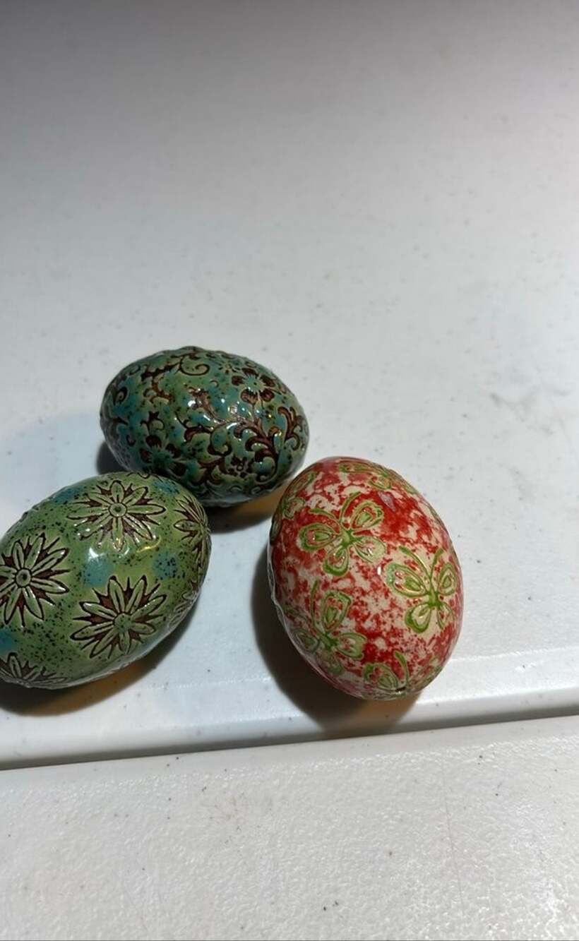 Set of 3 Hand-Painted Glazed Ceramic Decorative Eggs